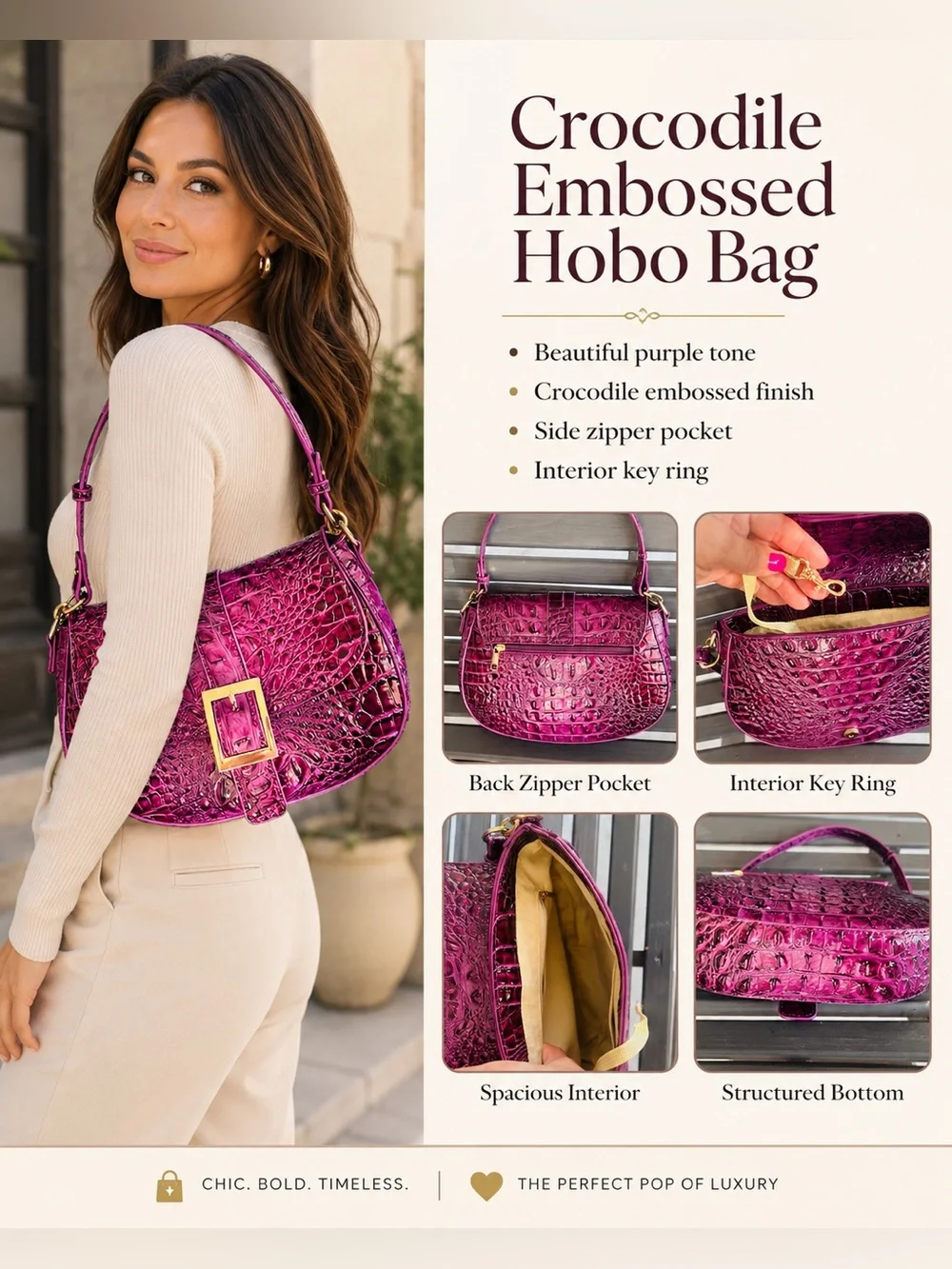 Crocodile-Embossed Hobo Bag in Purple - Lux Accent